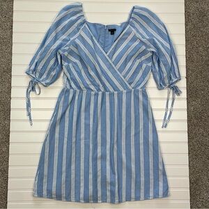 Ann Taylor cotton dress striped elbow-length sleeve surplice neck faux wrap 6